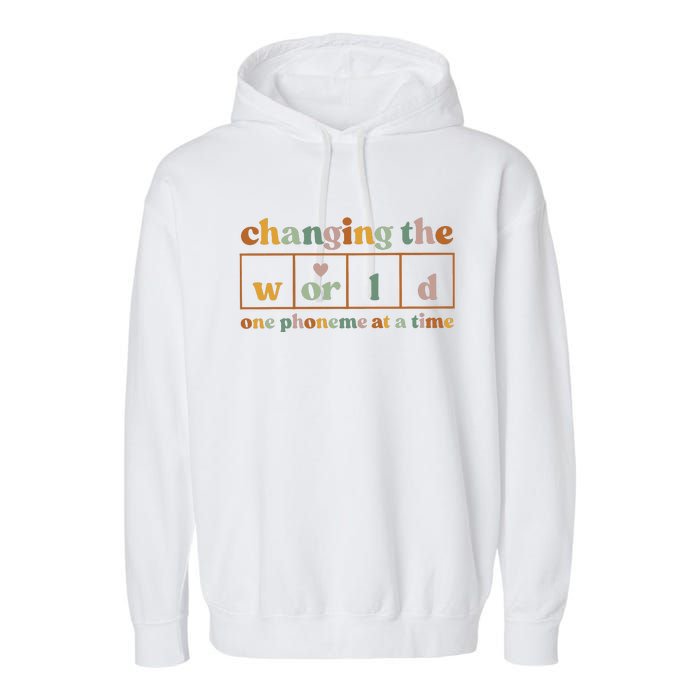 Changing The World One Phoneme At A Time Kindergarten Teacher Garment-Dyed Fleece Hoodie