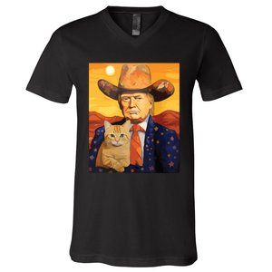 Cowboy Trump With A Cat Funny Trump V-Neck T-Shirt