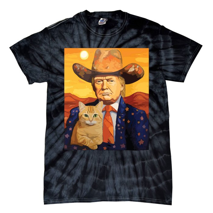 Cowboy Trump With A Cat Funny Trump Tie-Dye T-Shirt