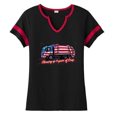 Cleaning Up 4 Year Of Crap Funny Trump Garbage America Flag Ladies Halftime Notch Neck Tee