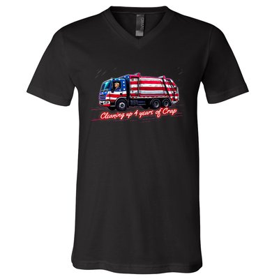 Cleaning Up 4 Year Of Crap Funny Trump Garbage America Flag V-Neck T-Shirt