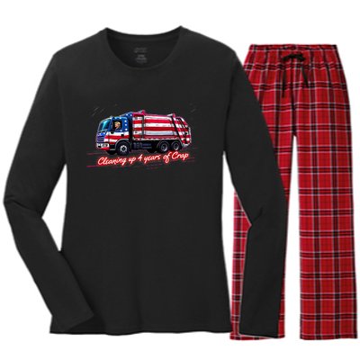 Cleaning Up 4 Year Of Crap Funny Trump Garbage America Flag Women's Long Sleeve Flannel Pajama Set 