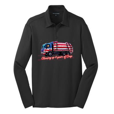 Cleaning Up 4 Year Of Crap Funny Trump Garbage America Flag Silk Touch Performance Long Sleeve Polo