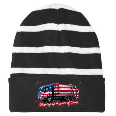 Cleaning Up 4 Year Of Crap Funny Trump Garbage America Flag Striped Beanie with Solid Band