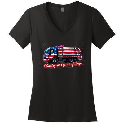 Cleaning Up 4 Year Of Crap Funny Trump Garbage America Flag Women's V-Neck T-Shirt