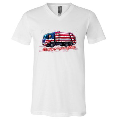 Cleaning Up 4 Year Of Crap Funny Trump Garbage America Flag V-Neck T-Shirt