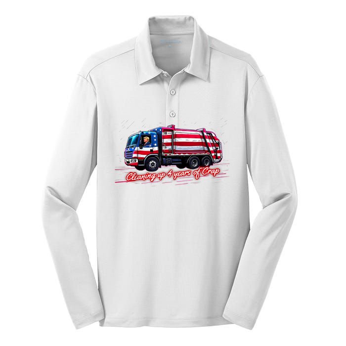 Cleaning Up 4 Year Of Crap Funny Trump Garbage America Flag Silk Touch Performance Long Sleeve Polo