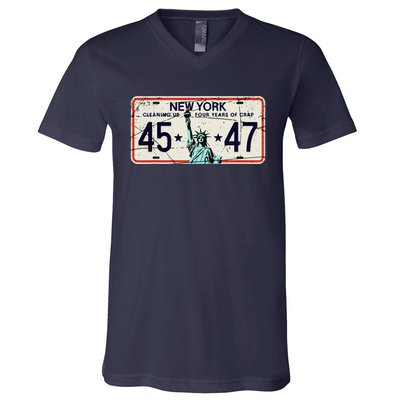 Cleaning Up 4 Years Of Crap Funny Ny Garbage License Plate V-Neck T-Shirt