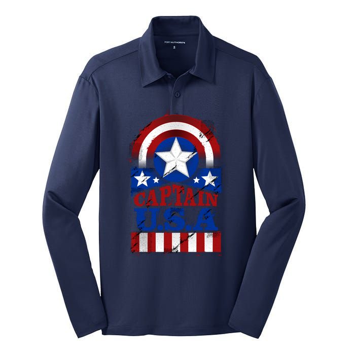 Captain USA American Flag Silk Touch Performance Long Sleeve Polo