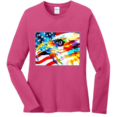 Colorful USA American Flag Eagle Head Pop Art Ladies Long Sleeve Shirt
