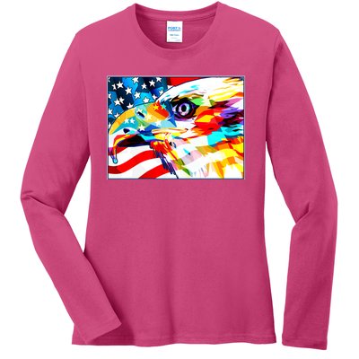 Colorful USA American Flag Eagle Head Pop Art Ladies Long Sleeve Shirt