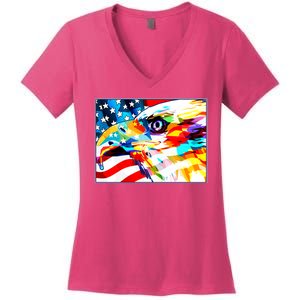 Colorful USA American Flag Eagle Head Pop Art Women's V-Neck T-Shirt