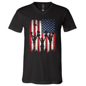 Cheerleaders USA American Flag 4th Of July Cheerleading V-Neck T-Shirt