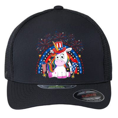 Cute Unicorn American Flag Rainbow Indepedence Day July 4th Gift Flexfit Unipanel Trucker Cap