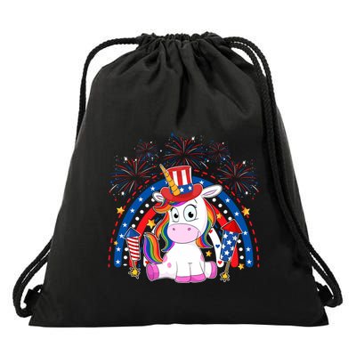 Cute Unicorn American Flag Rainbow Indepedence Day July 4th Gift Drawstring Bag