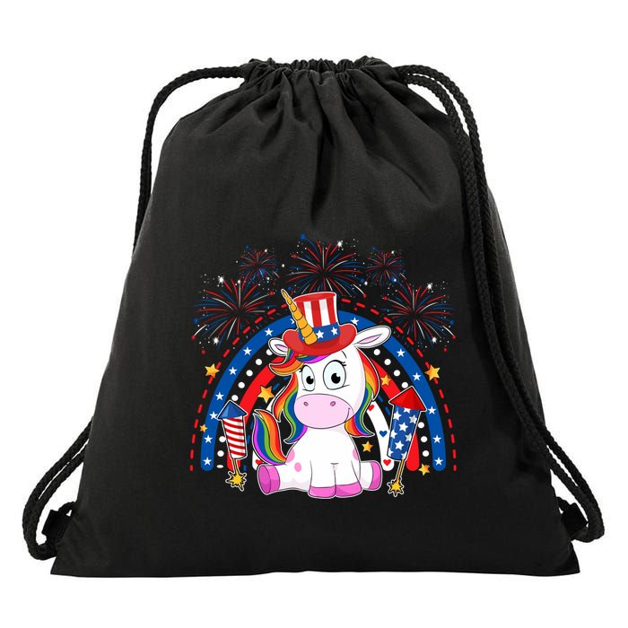 Cute Unicorn American Flag Rainbow Indepedence Day July 4th Gift Drawstring Bag