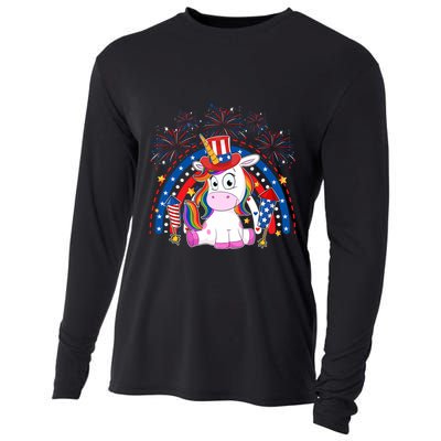 Cute Unicorn American Flag Rainbow Indepedence Day July 4th Gift Cooling Performance Long Sleeve Crew