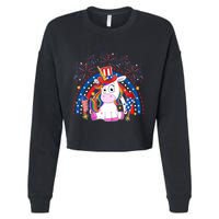 Cute Unicorn American Flag Rainbow Indepedence Day July 4th Gift Cropped Pullover Crew