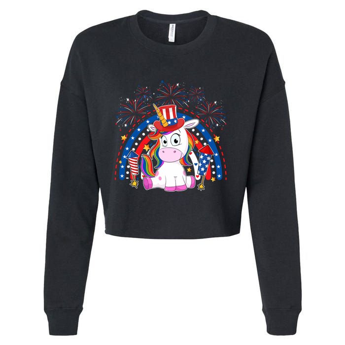 Cute Unicorn American Flag Rainbow Indepedence Day July 4th Gift Cropped Pullover Crew