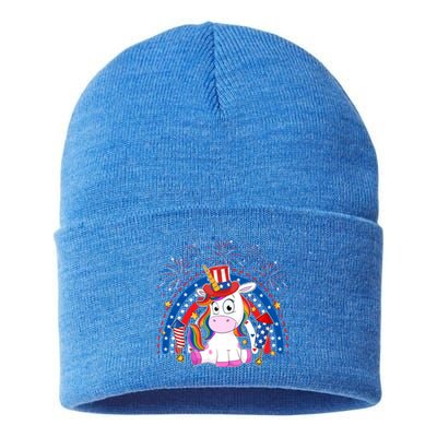 Cute Unicorn American Flag Rainbow Indepedence Day July 4th Gift Sustainable Knit Beanie