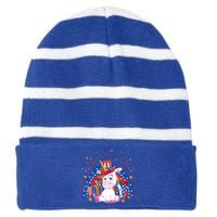 Cute Unicorn American Flag Rainbow Indepedence Day July 4th Gift Striped Beanie with Solid Band