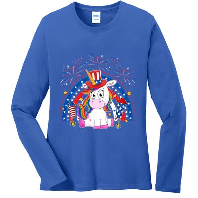Cute Unicorn American Flag Rainbow Indepedence Day July 4th Gift Ladies Long Sleeve Shirt