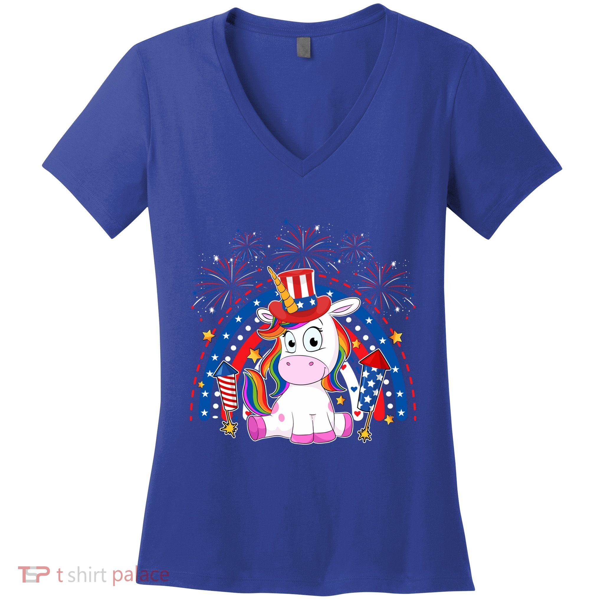 Cute Unicorn American Flag Rainbow Indepedence Day July 4th Gift Women's V-Neck T-Shirt