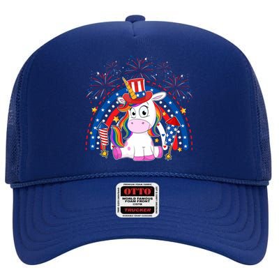 Cute Unicorn American Flag Rainbow Indepedence Day July 4th Gift High Crown Mesh Back Trucker Hat