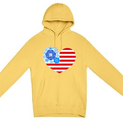 Cute USA American Flag Flower Heart Premium Pullover Hoodie