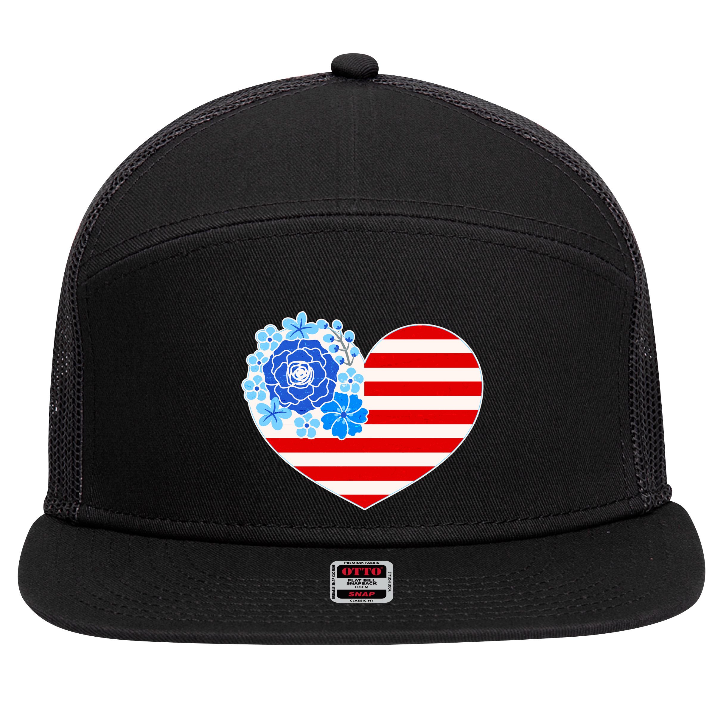 Cute USA American Flag Flower Heart 7 Panel Mesh Trucker Snapback Hat