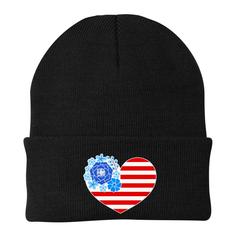 Cute USA American Flag Flower Heart Beanie