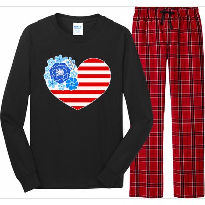 Cute USA American Flag Flower Heart Long Sleeve Pajama Set