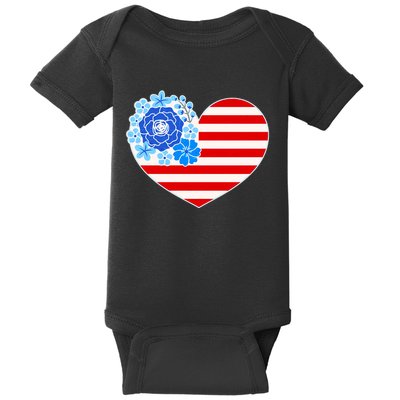 Cute USA American Flag Flower Heart Baby Bodysuit