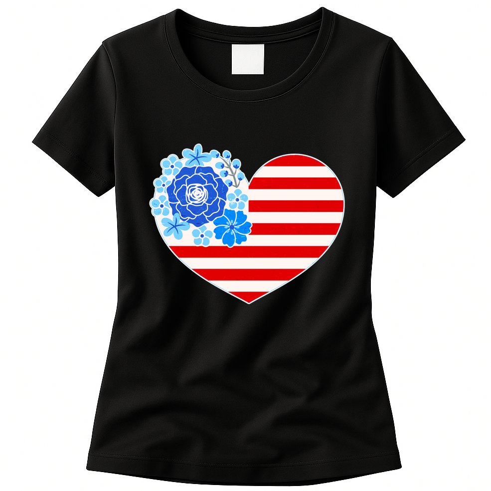 Cute USA American Flag Flower Heart Womens T-Shirt