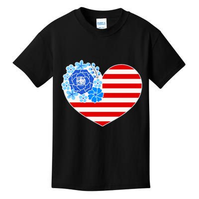 Cute USA American Flag Flower Heart Kids T-Shirt