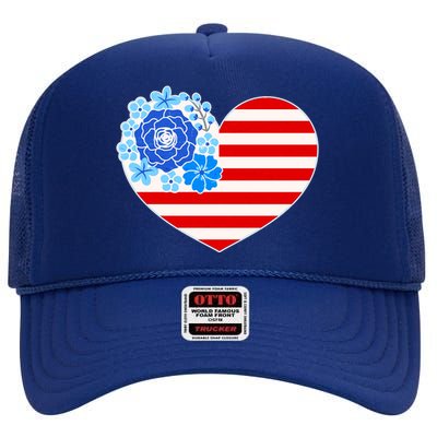 Cute USA American Flag Flower Heart High Crown Mesh Back Trucker Hat