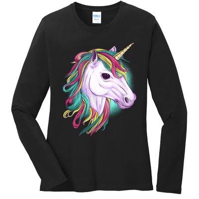 Colorful Unicorn Art Drawing Ladies Long Sleeve Shirt