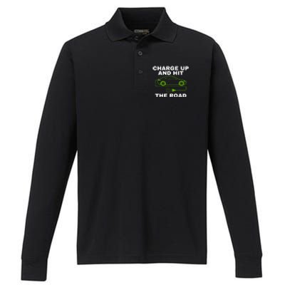 Charge Up And Hit The Road 100% Electric Funny Electric Vehicle Cool EV Performance Long Sleeve Polo