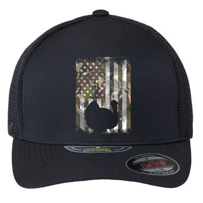 Camo US America Flag Turkey Day Hunting Thanksgiving Gift Flexfit Unipanel Trucker Cap