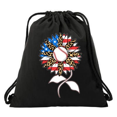 Cute USA American Flag Baseball Sunflower Drawstring Bag