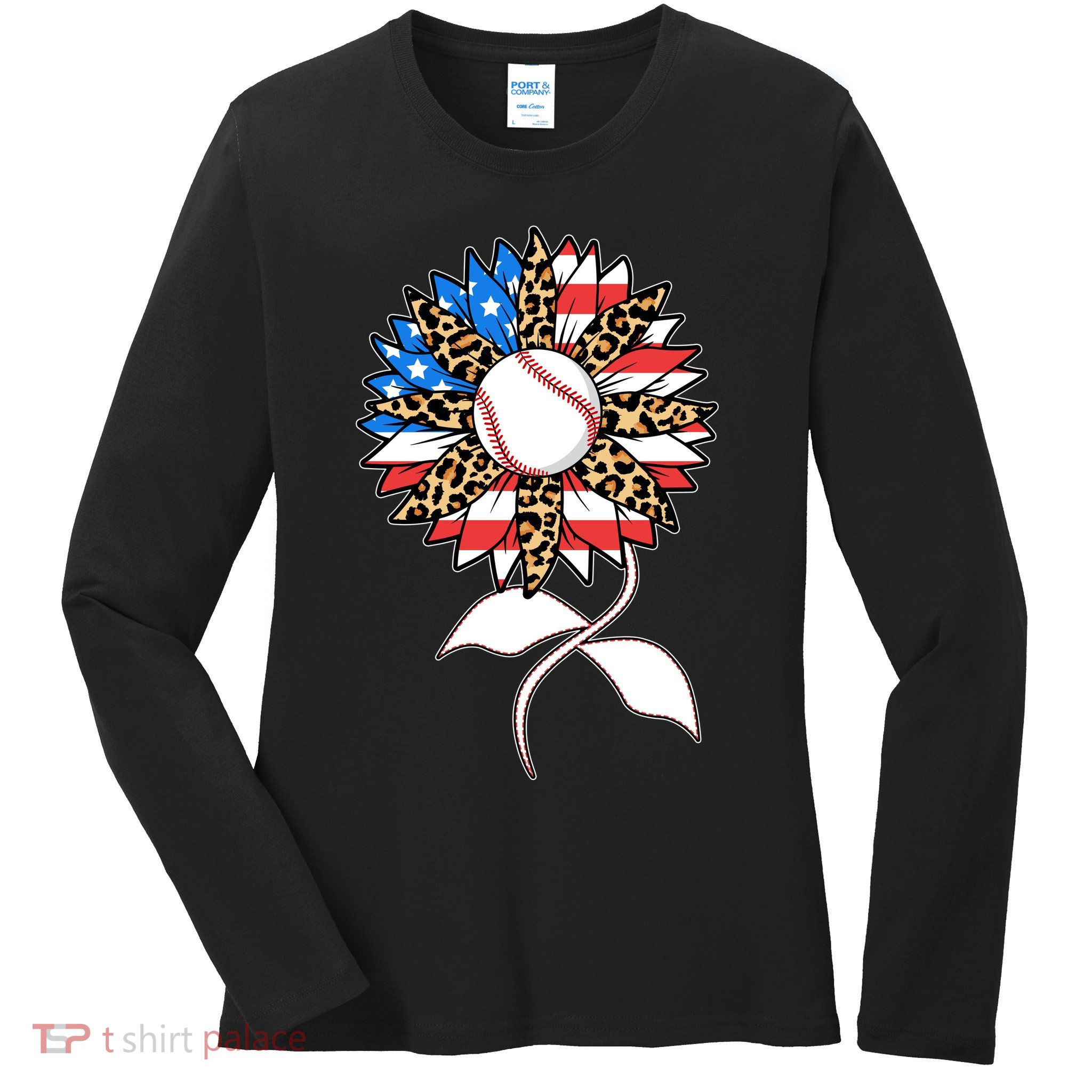 Cute USA American Flag Baseball Sunflower Ladies Long Sleeve Shirt