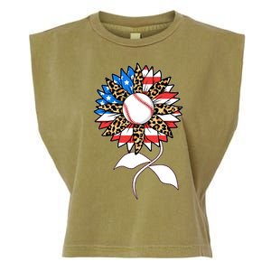 Cute USA American Flag Baseball Sunflower Garment-Dyed Women's Muscle Tee