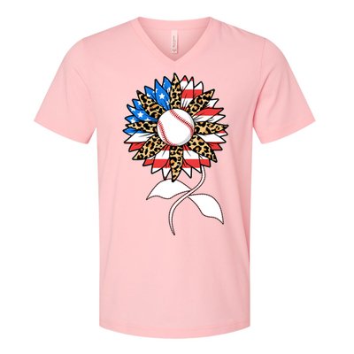 Cute USA American Flag Baseball Sunflower V-Neck T-Shirt