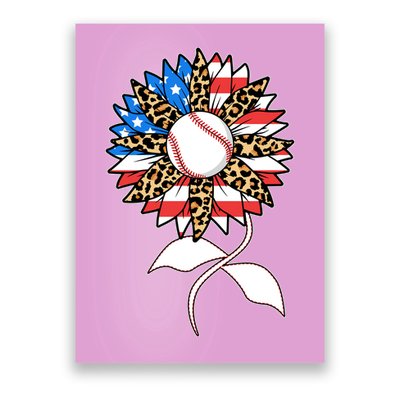Cute USA American Flag Baseball Sunflower Poster