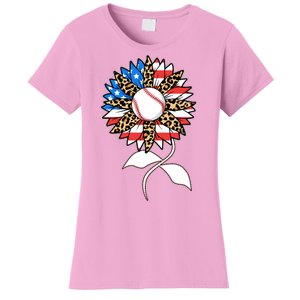 Cute USA American Flag Baseball Sunflower Women's T-Shirt