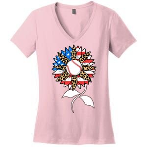 Cute USA American Flag Baseball Sunflower Women's V-Neck T-Shirt