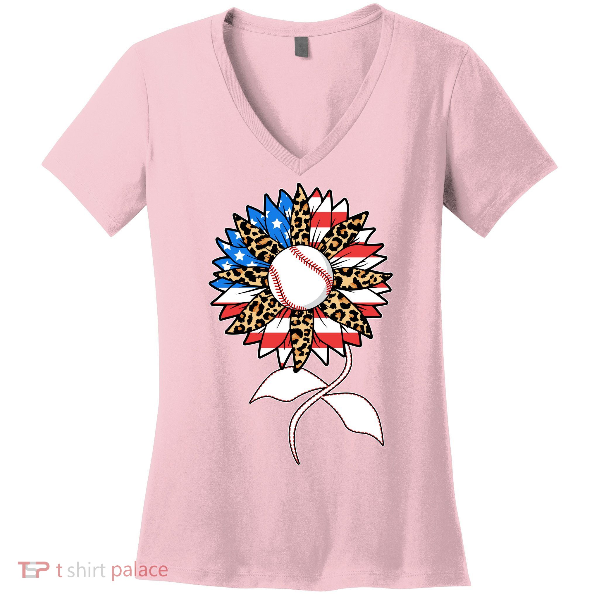 Cute USA American Flag Baseball Sunflower Women's V-Neck T-Shirt