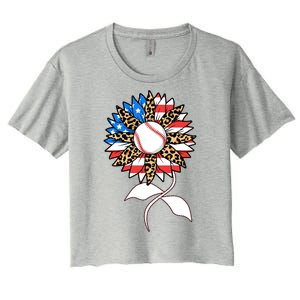 Cute USA American Flag Baseball Sunflower Women's Crop Top Tee