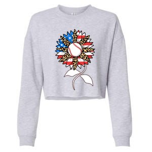 Cute USA American Flag Baseball Sunflower Cropped Pullover Crew