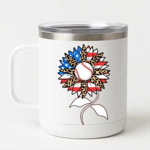 Cute USA American Flag Baseball Sunflower 12 oz Stainless Steel Tumbler Cup